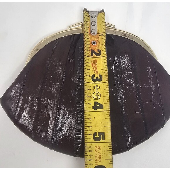 Vtg Eel Skin Leather Double Kiss Lock Brown Gold Coin Change Clutch Wallet 7x5.5 - Picture 14 of 14